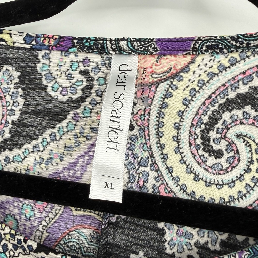 Dear Scarlett Tunic Shirt Womens XL Black Multicolor Paisley Slinky Stretch - Picture 2 of 8